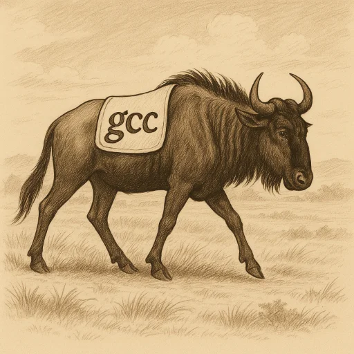 gccと書かれた鞍を背負ったヌー(gnu)．ChatGPTで生成